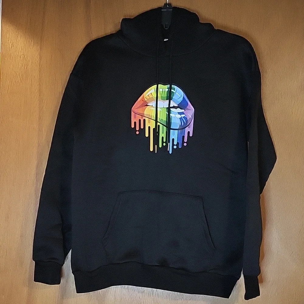Womens Black Hoodie With Rainbow Lips - Picture 2 of 7